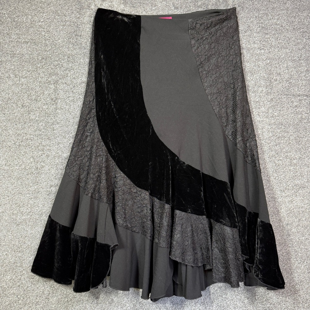 Sunny Leigh Skirt Womens 10 Black Velvet Lace Mixed Media Midi Flared Goth